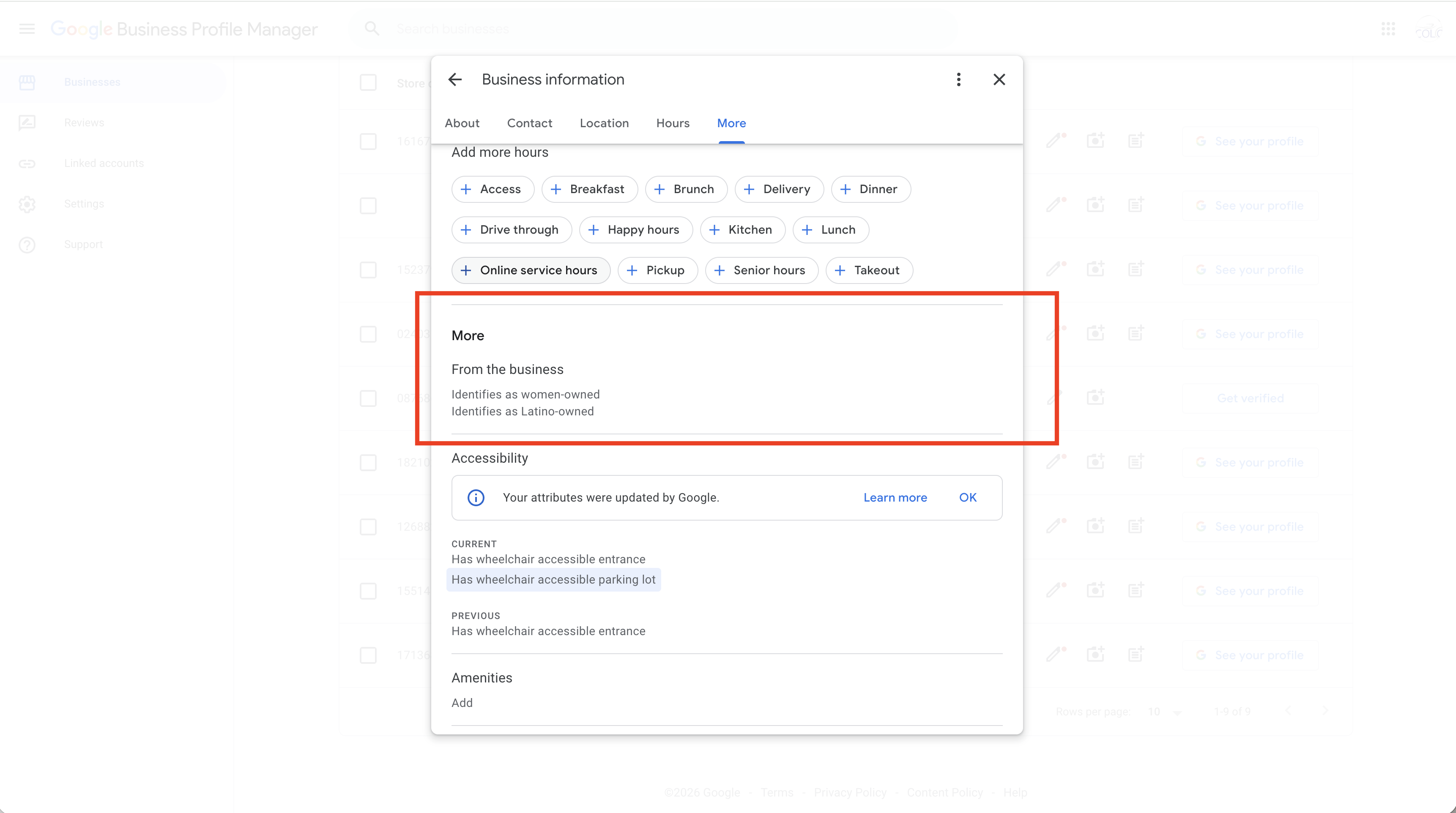 Business attributes settings in GBP dashboard