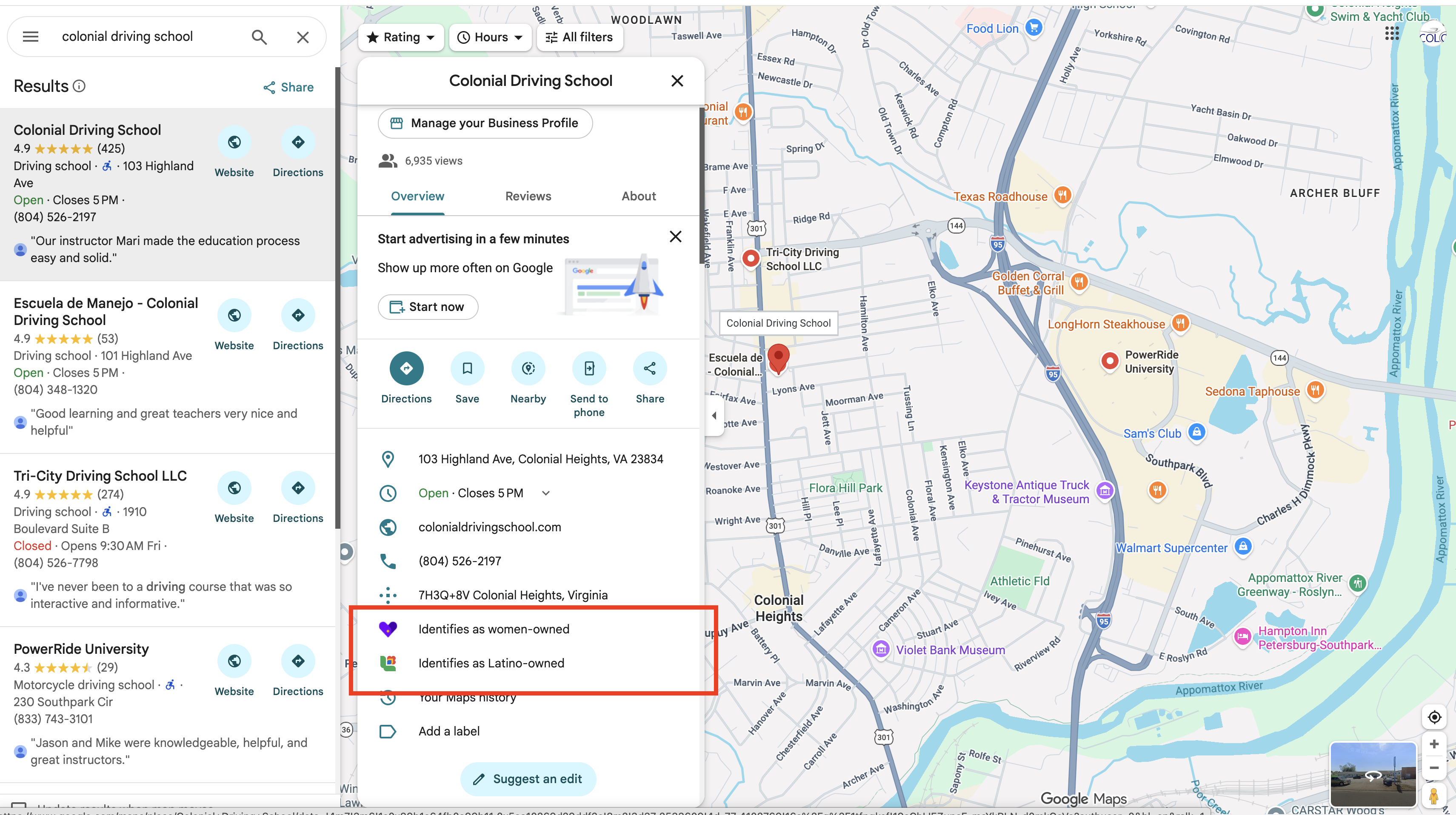 Business attributes shown on Google Maps listing
