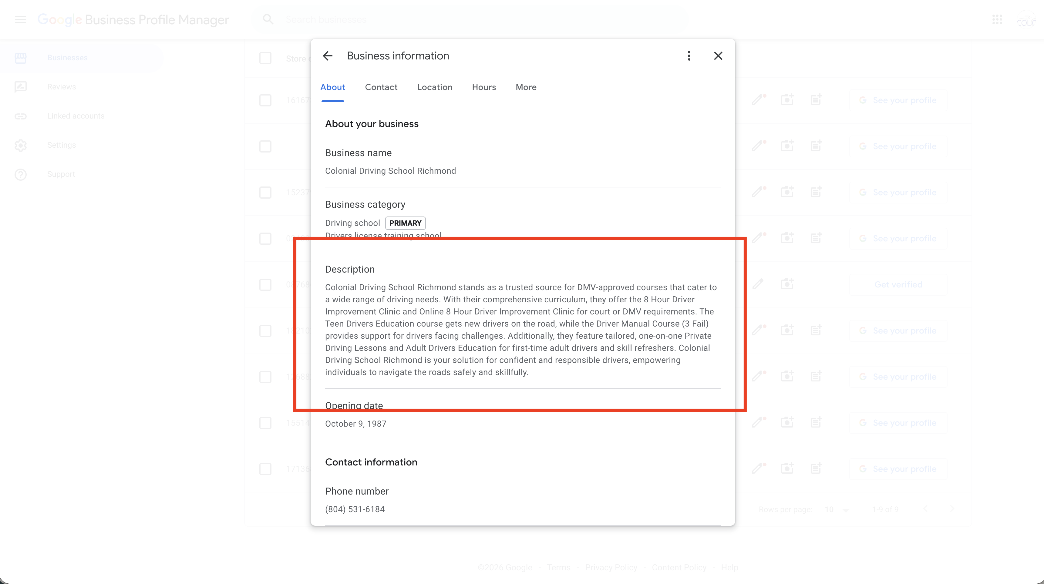 Business description editor in GBP dashboard