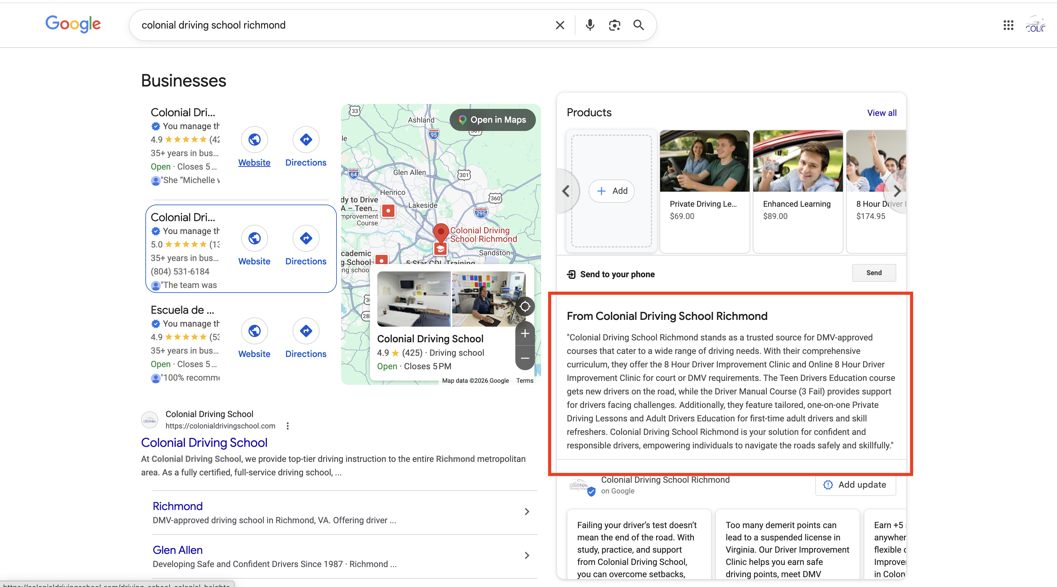 How the description appears on your Google listing
