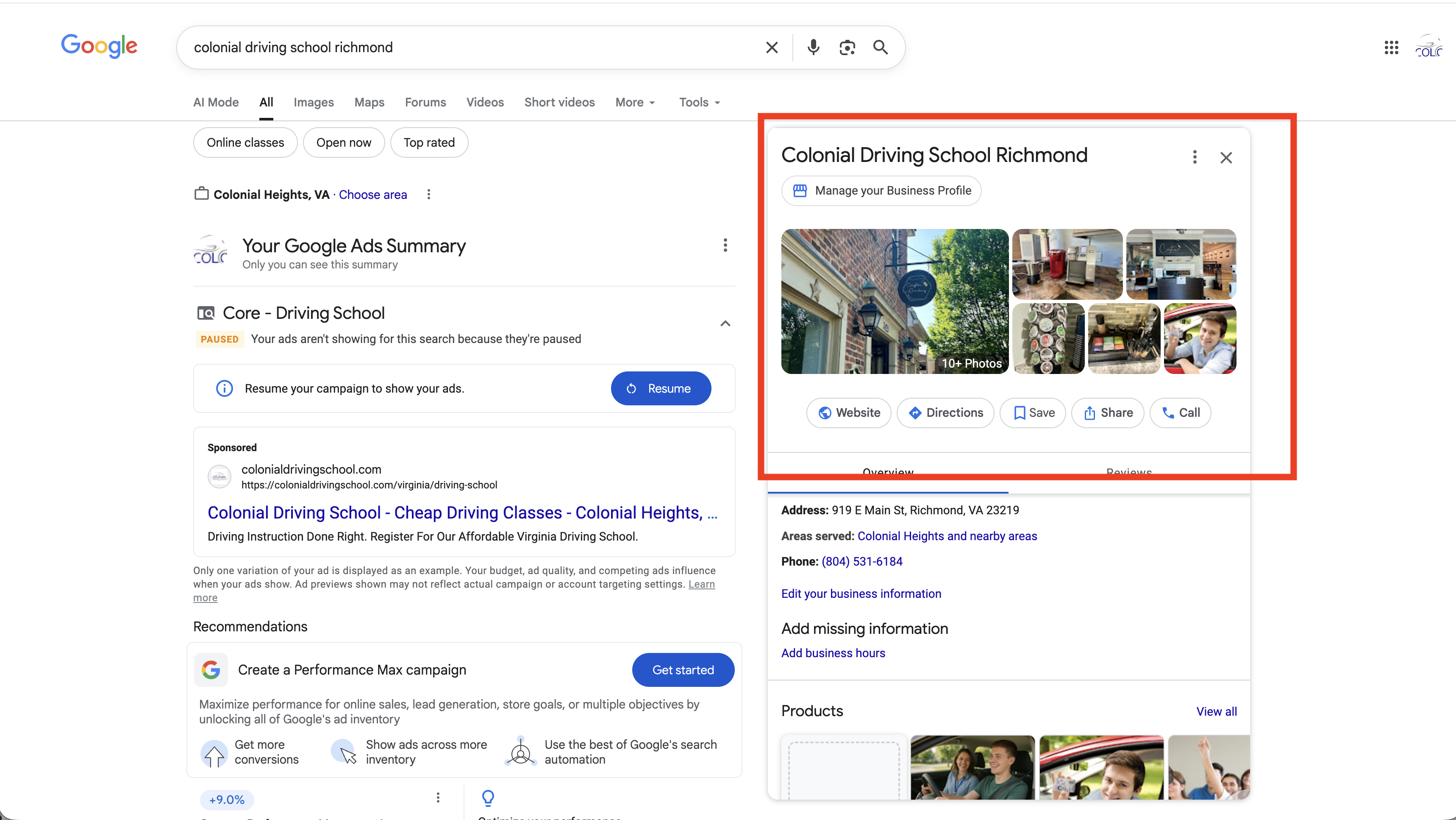 Photo gallery on Google listing