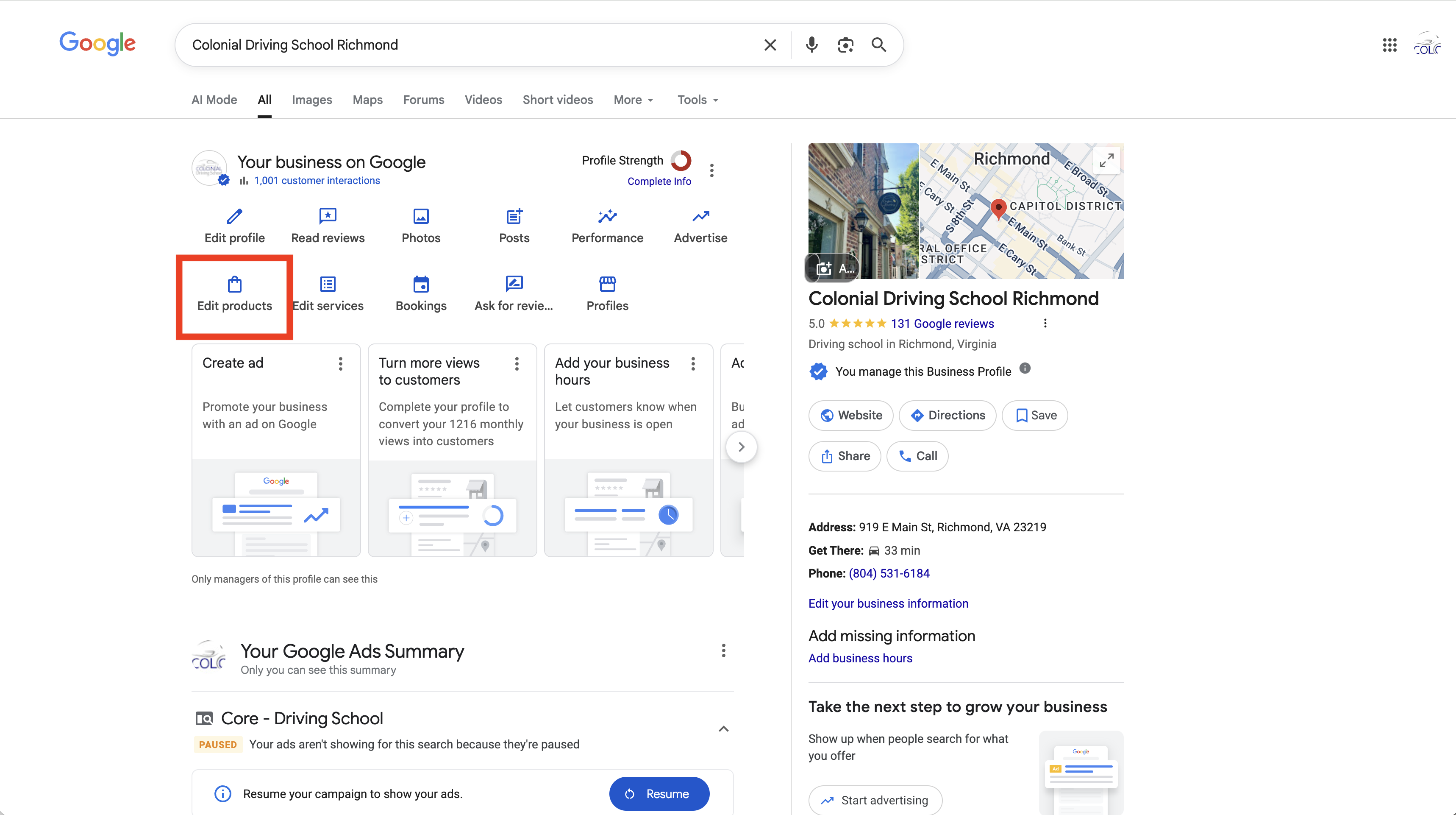Edit products button on Google Business Profile