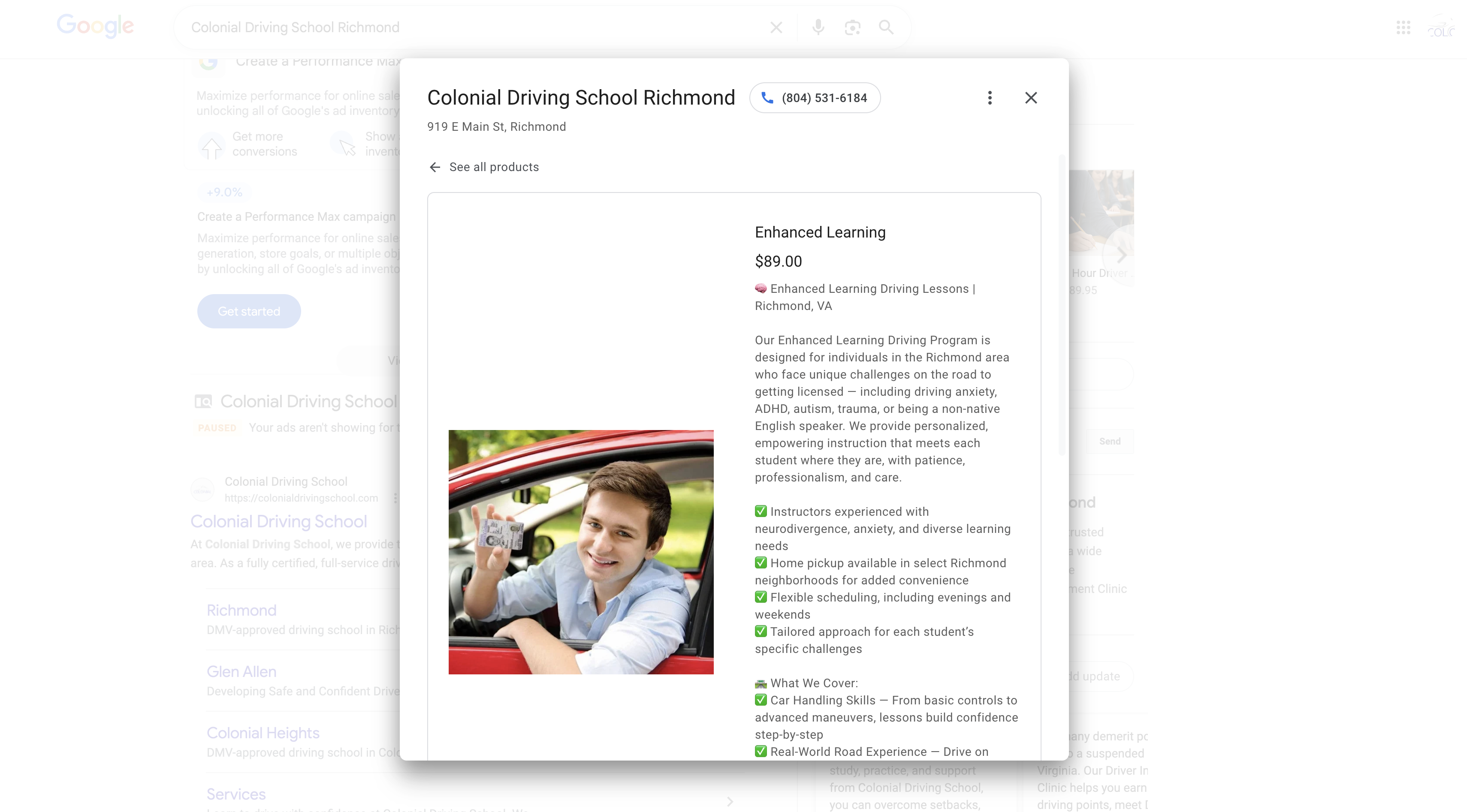 Product detail view on Google listing with photo, price, and description