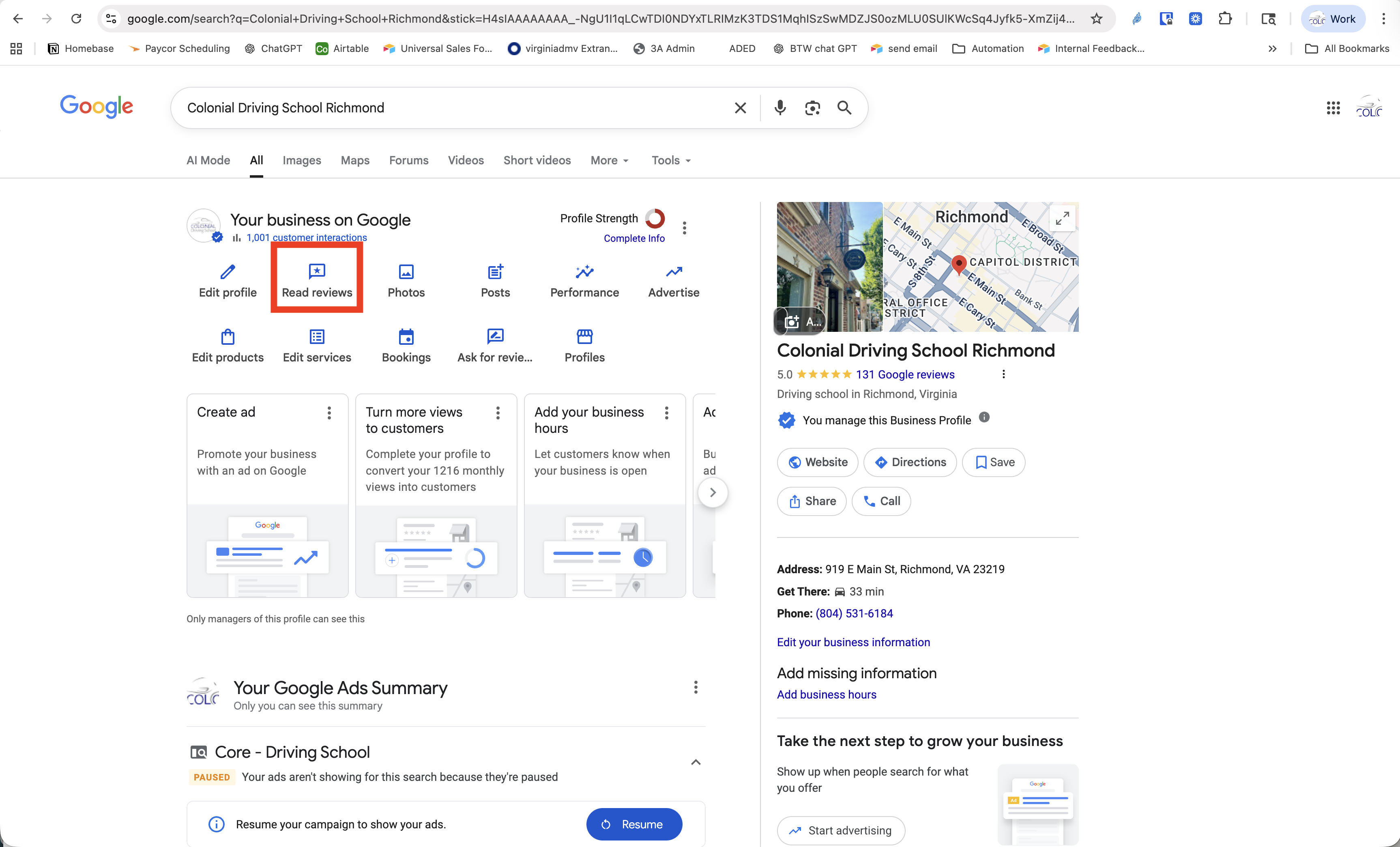 Read reviews button on Google Business Profile
