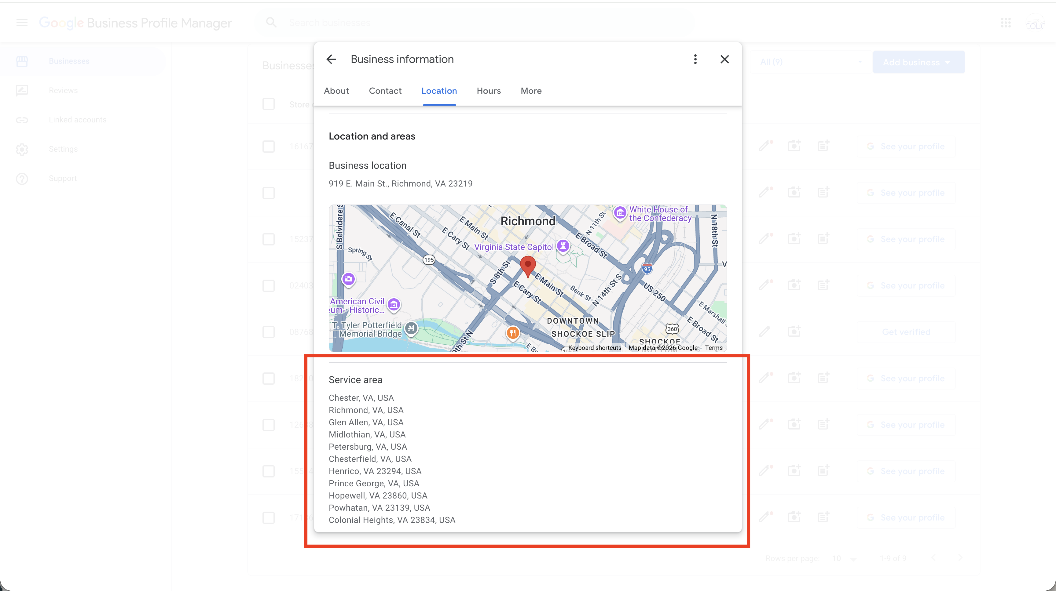 Service area configuration in GBP dashboard