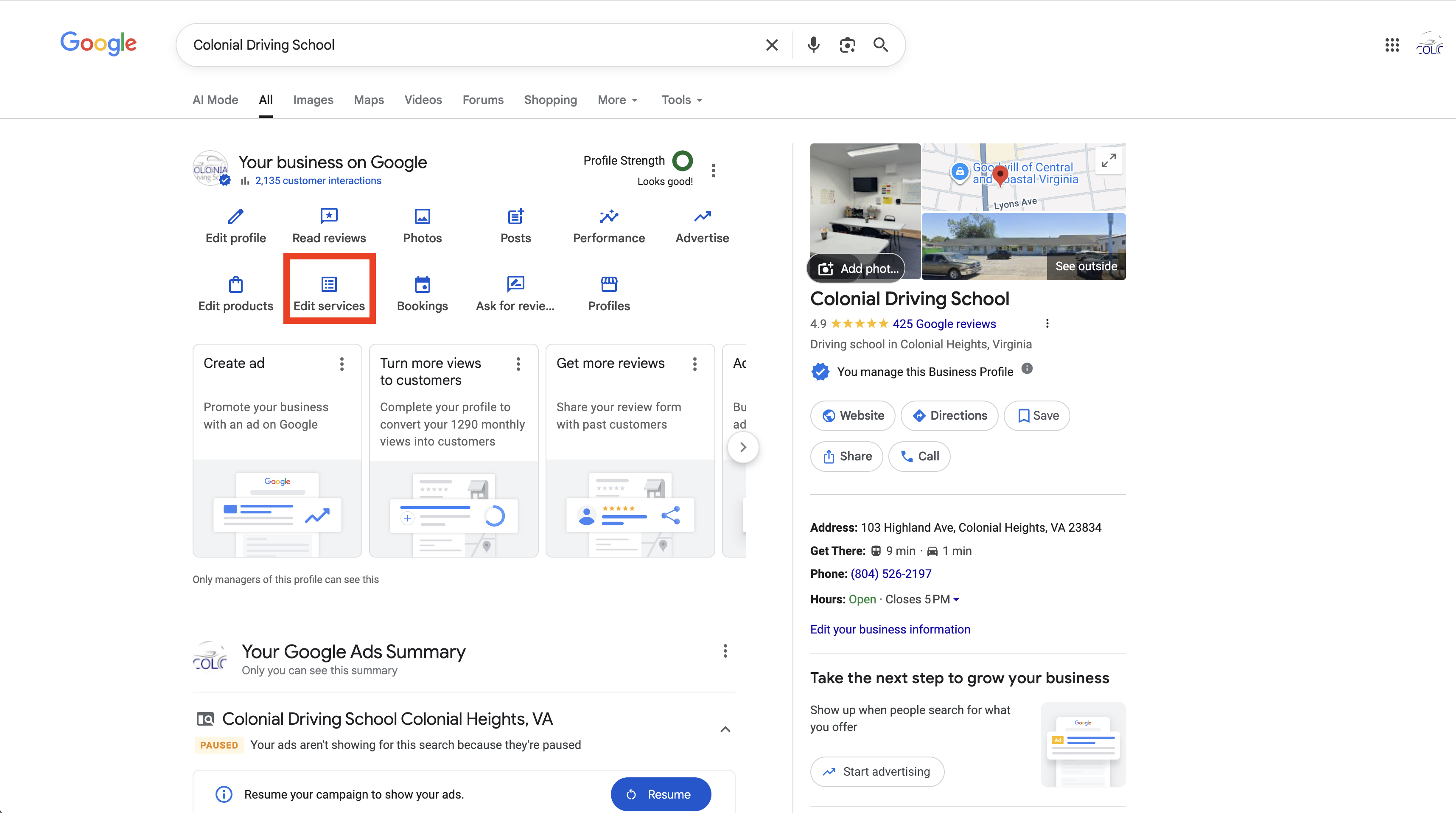Edit services button on Google Business Profile