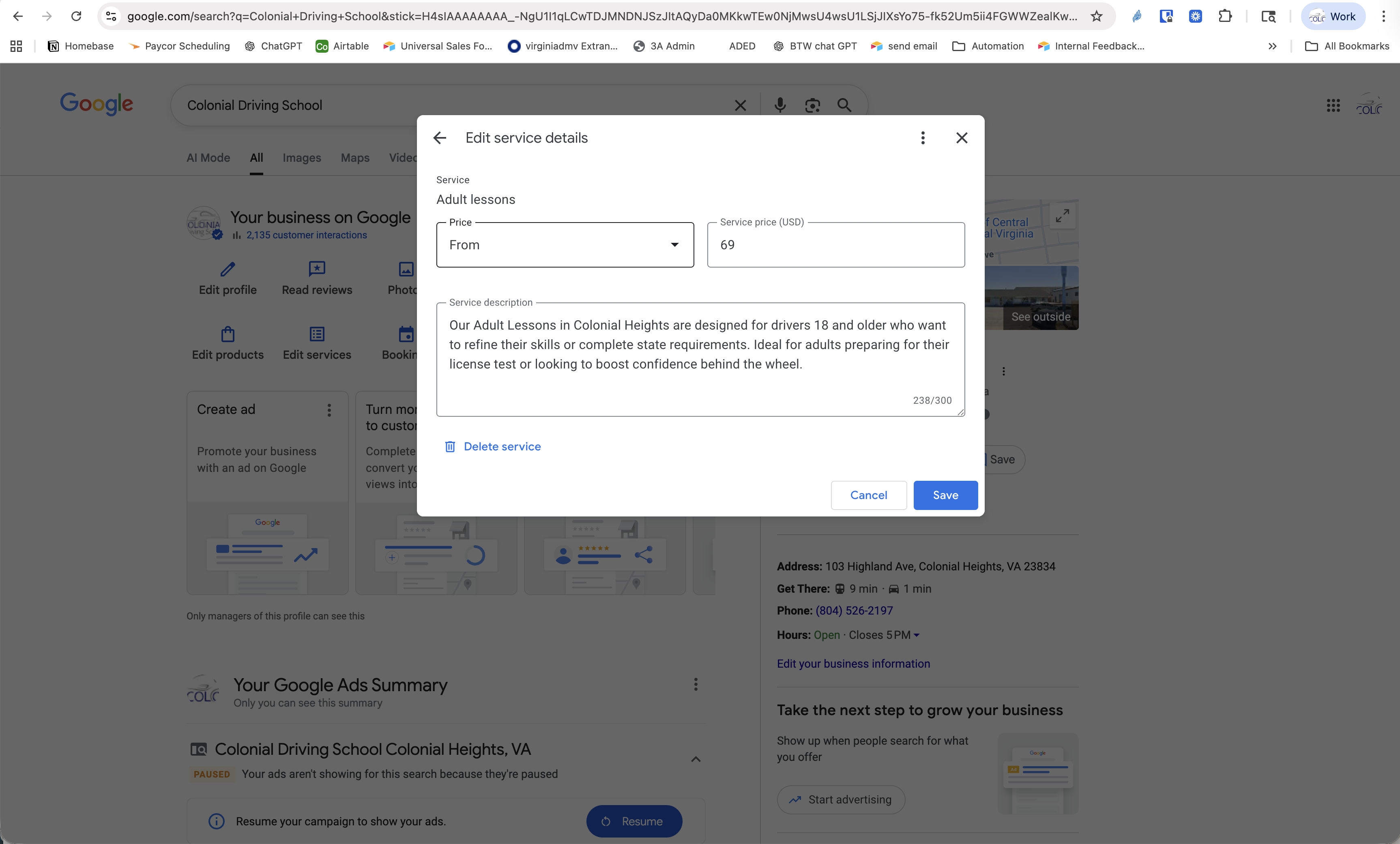 Service details editor with name, price, and description